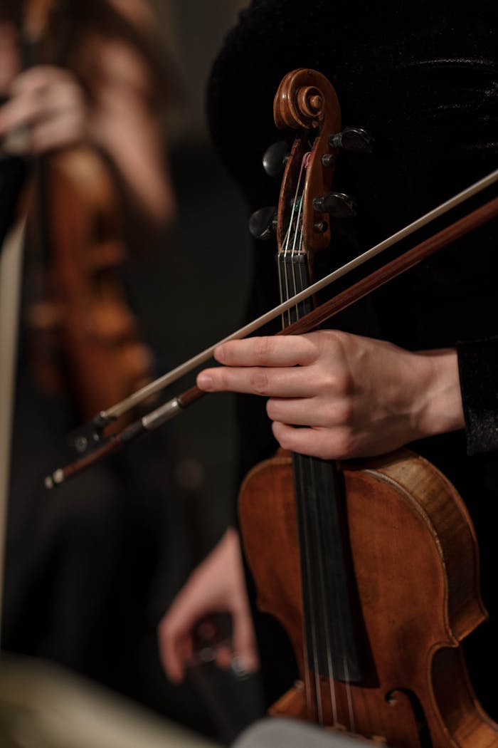 Close-up of a musician's hands playing a violin during an indoor concert performance.